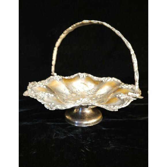 Antique Ornate Silver-Plated Pedestal Basket With Floral & Grapevine Design Scal - Picture 1 of 11